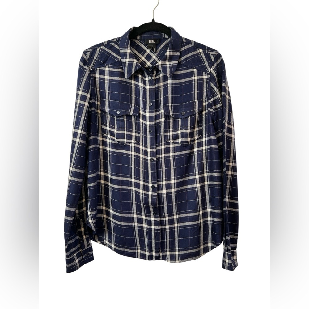 PAIGE Navy Plaid Button Down Shirt Western Soft Viscose Blouse Flannel Style S - Picture 2 of 7
